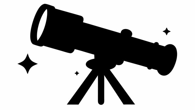 Silhouette of a telescope on a tripod, accompanied by two sparkling stars, on a white backdrop