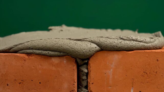 Macro shot of fresh grey cement mortar spread over two orange-red bricks showing texture against a solid dark green backdrop for construction concept.