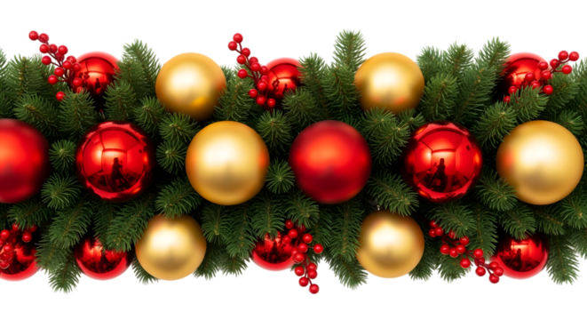 Festive christmas garland with red and gold ornaments on transparent background