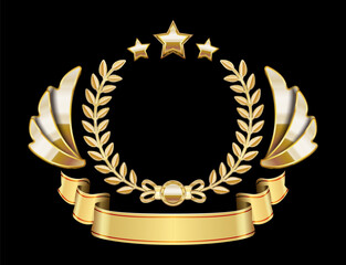 Gold laurel wreath badge with stars, wings, and ribbon on black © Matakeris Creative
