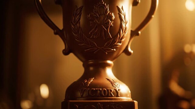Close up of a bronze trophy with decorative elements and warm lighting