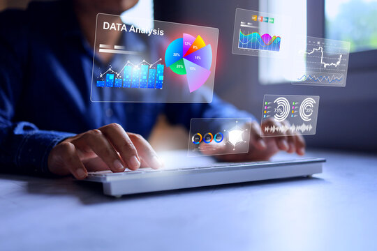 data analysis concept with a man working on virtual screen desktop computer summarize information and summary to graph and chart forms