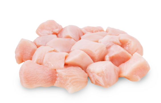 A mound of cubed, raw chicken breast pieces, featuring a pale pink color and uniform size, isolated on a light gray background.