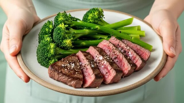Mains pr&eacute;sentant une assiette &eacute;quilibr&eacute;e avec de la viande et du brocoli. Concept de r&eacute;gime c&eacute;tog&egrave;ne (keto) et d'alimentation saine.