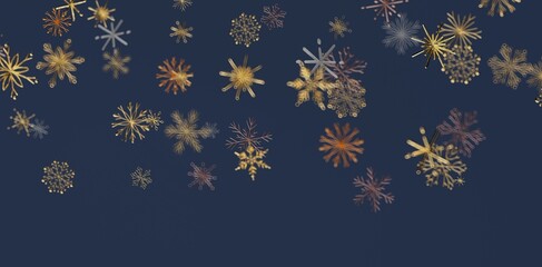 An elegant abstract background featuring detailed golden and bronze snowflakes floating on a dark blue backdrop perfect for winter ho