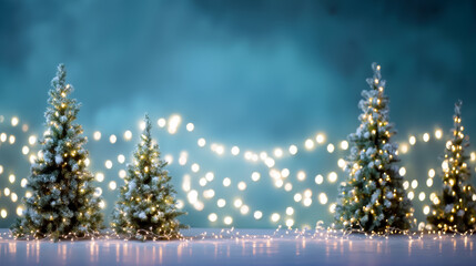 青い背景に光輝くボケとクリスマスツリーが美しい冬のホリデーシーズン