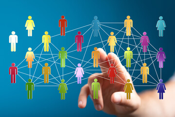 Abstract illustration of a network of people connected digitally, representing global communication, teamwork, and social interaction