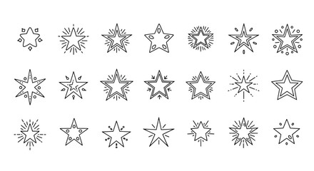 A diverse collection of outline star icons, featuring various designs with radiating lines, perfect for festive celebrations, awards, and decorative graphic elements