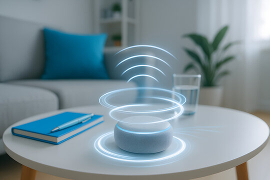 Modern Smart Home: Voice Assistant Device and Blue Accessories on Coffee Table