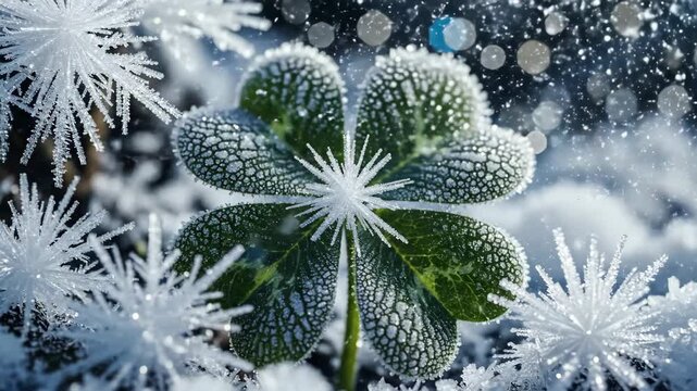 Close up of a four leaf clover surrounded by frosty crystals and sparkling bokeh