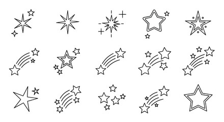 Collection of various star icons, including shooting stars, sparkles, and star clusters for design