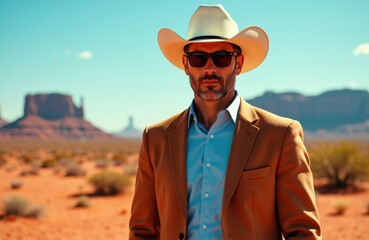 Man wearing cowboy hat and sunglasses in desert landscape with rock formations