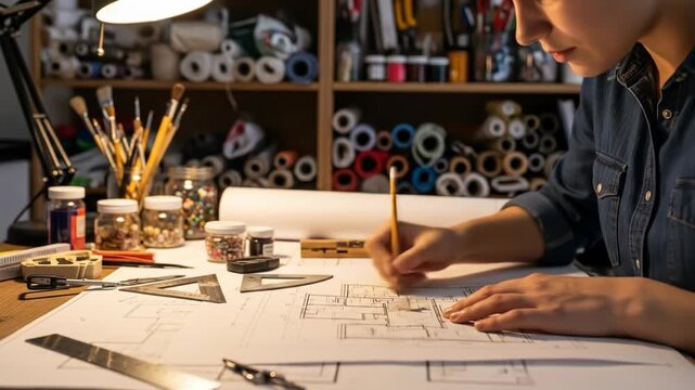 Architect working on a blueprint at a desk filled with tools and supplies