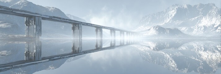 Futuristic silver bridge over mirror water, minimal sci-fi architecture in icy mountain landscape.