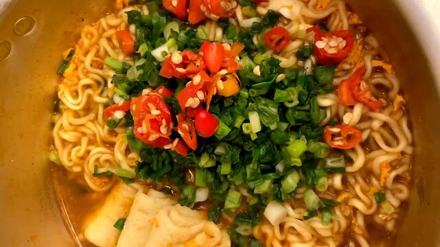 Ramen soup with odeng, chilli, noodles, seaweed and leek on wok. Asian food

