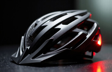 Fototapeta premium A sleek black bicycle helmet with integrated red rear light on a dark surface
