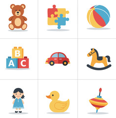 A collection of colorful, flat design icons featuring classic children's toys