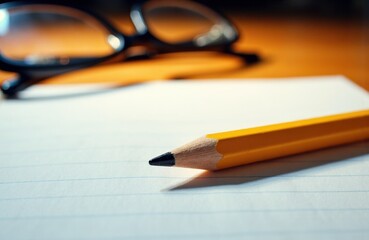 A yellow pencil resting on lined paper with blurred eyeglasses in the background