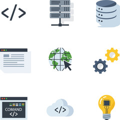 A collection of colorful flat design computer technology icons. Includes server, database, code, cloud computing, and more