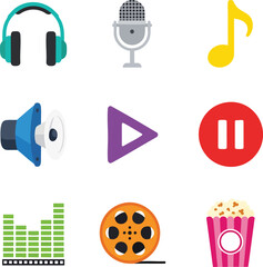 A collection of colorful flat design icons related to music, audio, and entertainment, including headphones, microphone, speaker, play, pause, music note, equalizer, film reel, and popcorn