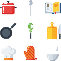 A collection of colorful flat design vector icons representing various kitchen tools and cooking utensils