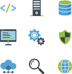 A collection of colorful flat icons related to technology, coding, and business