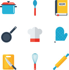 A collection of colorful flat icons representing kitchen utensils and cooking equipment, perfect for culinary themes and recipe illustrations