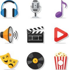 A collection of entertainment icons including headphones, microphone, music note, speaker, clapperboard, play button, theatre masks, vinyl record, and popcorn