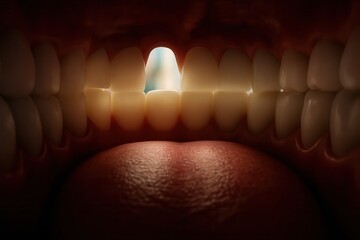 Inside human mouth with teeth and tongue
