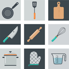A collection of essential kitchen tools and cooking utensils, including a frying pan, spatula, cutting board, knife, rolling pin, whisk, pot, oven mitt, and measuring cup