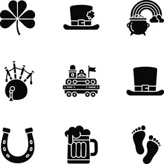 A collection of festive black silhouette icons for St. Patrick's Day