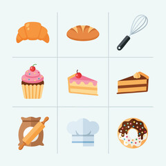 A collection of flat design icons representing baked goods and baking tools