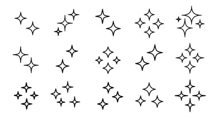 Collection of varied sparkle and shine effect icons, with star and glimmer shapes. Symbolizes brightness, magic, purity, and celebration for graphic design projects