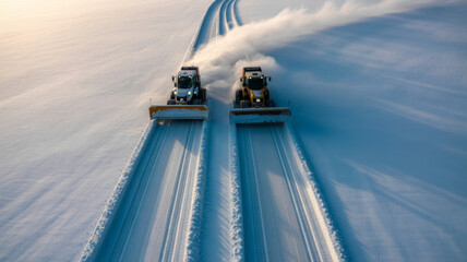 Aerial view of two large snowplows clearing parallel tracks in fresh snow under soft sunrise light, creating a vivid contrast between plowed and untouched snow