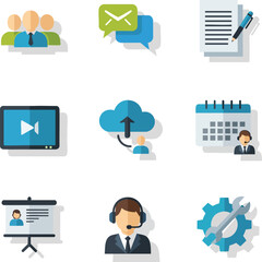 A collection of flat design icons representing business concepts, including teamwork, communication, cloud storage, scheduling, and technical support