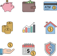 A collection of flat design icons representing financial concepts like saving, spending, investment growth, and security