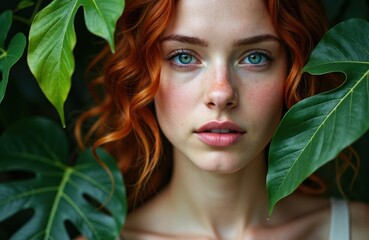 Fototapeta premium Woman with red hair and blue eyes surrounded by large green tropical leaves