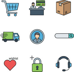 A collection of flat design icons representing online shopping, including a shopping cart, delivery truck, search bar, user profile, and payment methods