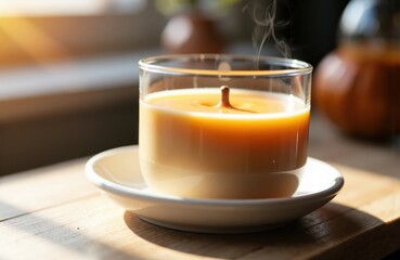 A steaming candle in a glass holder placed on a white saucer on a wooden surface