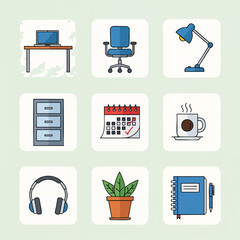 A collection of flat design icons representing office supplies and equipment on a light green background