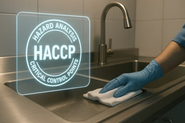 Serious professional cleaning stainless steel kitchen sink for hygiene and sanitation following haccp food safety standard concept of modern quality control technology