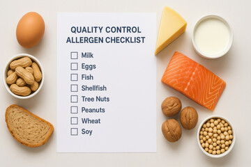 Quality control allergen checklist for food safety showing intolerance to common ingredients. concept for health diet management and haccp plan implementation for risk prevention