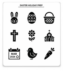A collection of glyph icons related to Easter holiday preparation