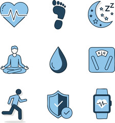 A collection of healthy lifestyle and fitness icons in a modern flat design. Includes symbols for exercise, diet, sleep, and medical care