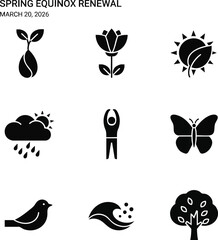 A collection of minimalist black silhouette icons symbolizing Spring Equinox and renewal. This set covers nature, growth, and fresh starts
