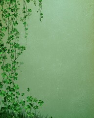 St. patrick’s day clover vines background, minimalist green nature wall with shamrock leaves for design and celebration with copy space.