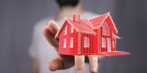 A person presenting a digital house plan representing property and investment. Concept of real...