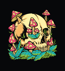 skull with red mushroom vector illustration