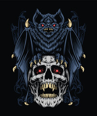 scary bat holding skull vector illustration