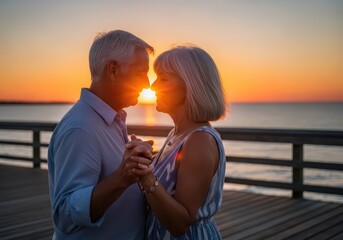 Man and woman dancing on pier at sunset. Romantic senior couple on holiday. Love, togetherness, and healthy lifestyle concept.